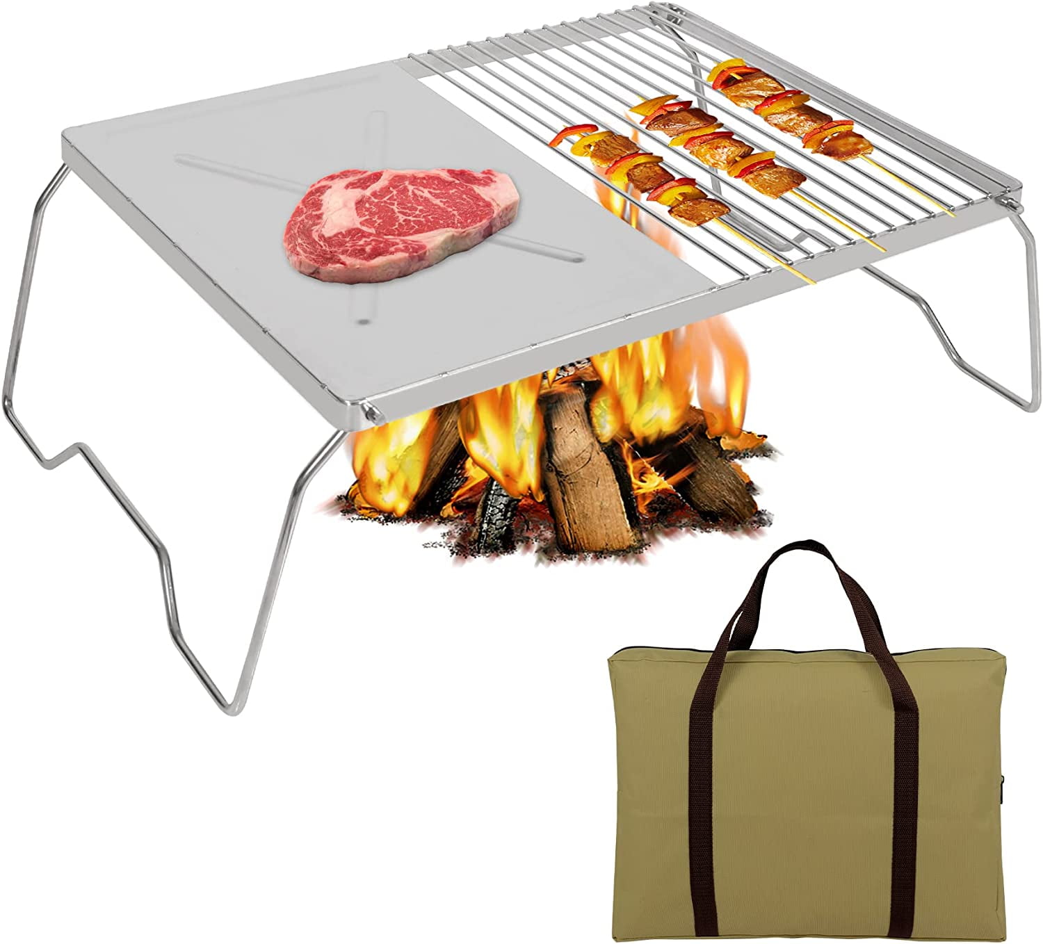 Lineslife Portable Stainless Campfire Grill Grate with Griddle, Heavy