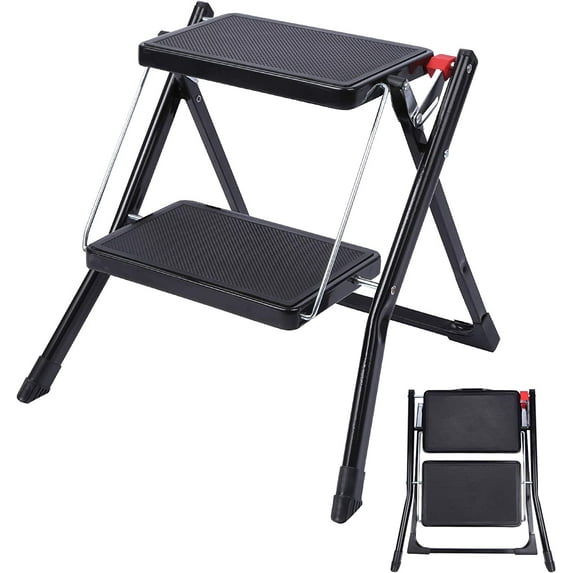 Lineslife Step Ladder 2 Step Folding, Lightweight Portable Small 2 Step Ladder with Sturdy Wide Pedal for Kitchen and Household, Black