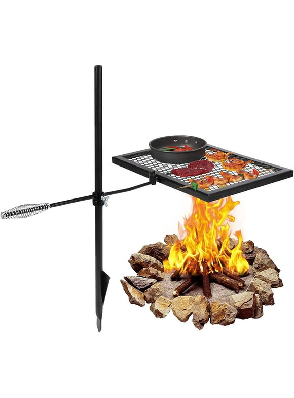 Lineslife Swivel Campfire Grill, Adjustable Heavy Duty Steel Grate Camp Grill with Carry Bag for Outdoor Cooking