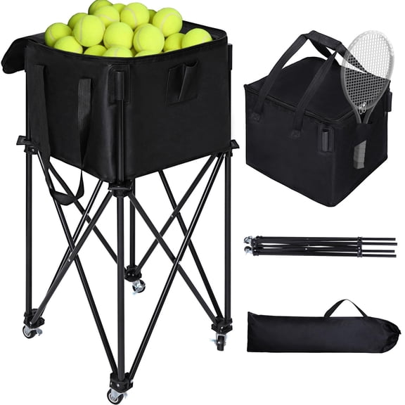 Lineslife Tennis Ball Hopper Holds 180 Balls Rolling Cart with 4 Locking Wheels Detachable Oxford Bag for Tennis and Pickleball Training Black