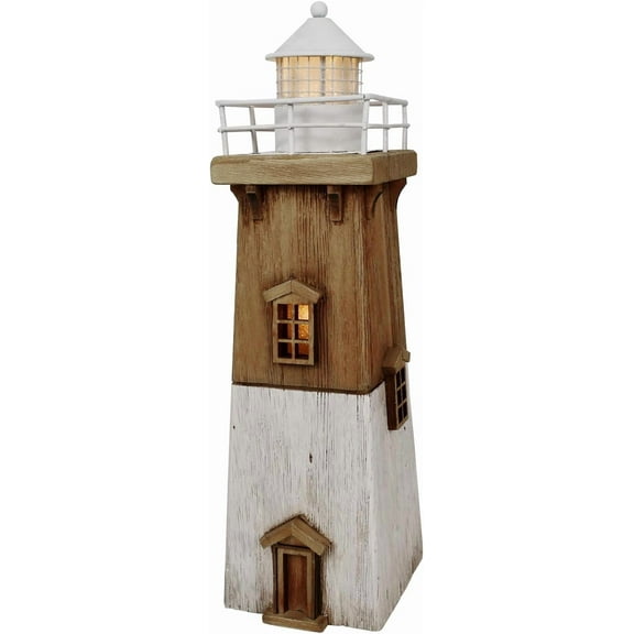 Linfevisi Wood Lighthouse Decor Rustic LED Light House Decor Wooden Decorative Nautical Lighthouse Statue Coastal Beach Themed Lighthouse Handcrafted Tabletop Decoration Home Bathroom (13.78")