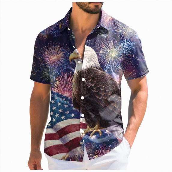 Linfrsh 250 Anniversary Usa Mens Shirts, Mens 4th of July Shirt Hawaiian Shirt Patriotic Eagle Flag Button Down Shirts for Men(Purple,2XL)