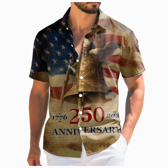 Linfrsh 250 Anniversary Usa T Shirt, Men's 4th of July Shirts Mens Hawaiian Shirt Patriotic Independence Day Short Sleeve Button Down(Khaki,S)