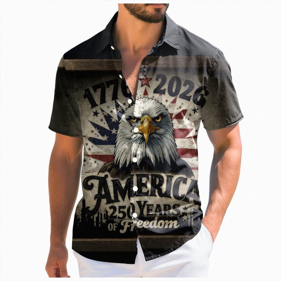 Linfrsh 250 Anniversary Usa T Shirt, Mens American Flag Shirt Hawaiian Shirts for Men | Printed Men's Casual Short Sleeve Button-Down Shirts, Patriotic Style(Dark Gray,5XL)