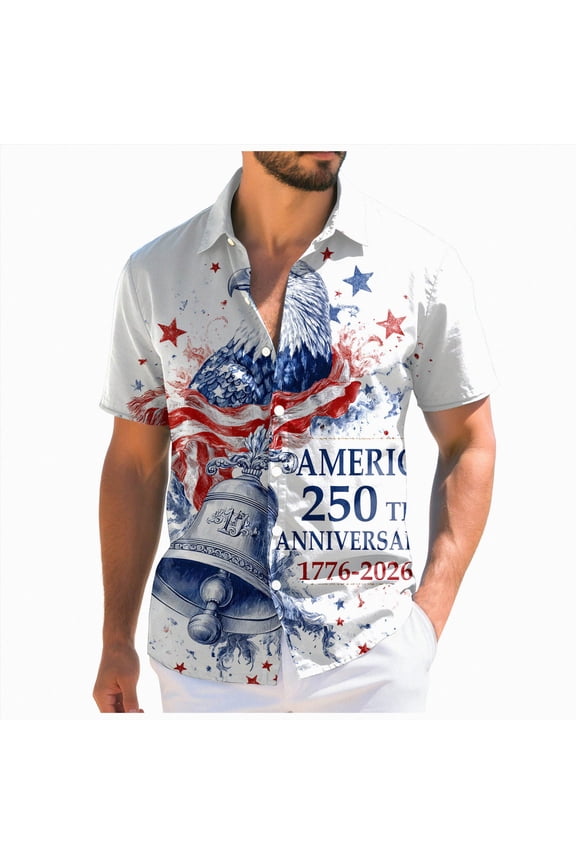 250th Anniversary Usa Shirts, Usa Shirt Men Hawaiian Shirts for Men American Flag Patriotic Tshirts Button Down Beach Shirts USA Short Sleeve Tops(Light Blue,3XL)