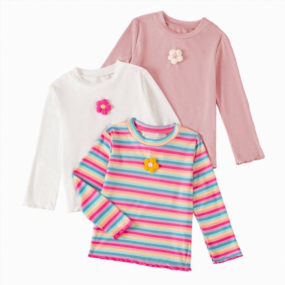 Linfrsh 3 Pack Toddler Girls Shirts Long Sleeve Shirt for Girls Tees Kids Tshirts Clothes Fall Tops T-Shirt(White,2-3 Years)