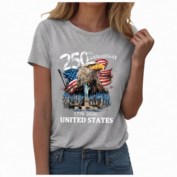 Linfrsh 4th Of July Womens Shirt Women's American Flag Floral T-Shirt - Patriotic USA Graphic Tee - 4th of July Summer Casual Tops(Light Gray,M)