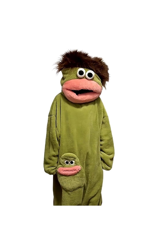 Adult Onesies Silly Onesie Funny Frog Onesie Plush Fleece Hooded One Piece Pajamas, Cozy Home Loungewear(Green,L)