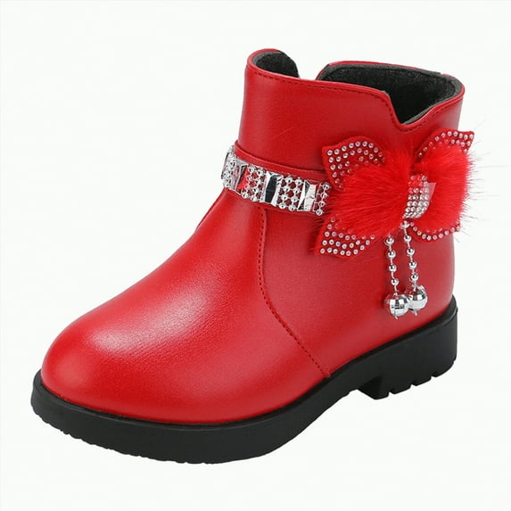 Linfrsh Ankle Boots for Girls Girl Boots Kids Ankle Boots Warm Side Zipper Low Heel Short Booties Winter Anti-Slip Outdoor Shoes for Little Kids/Big Kids Red,13