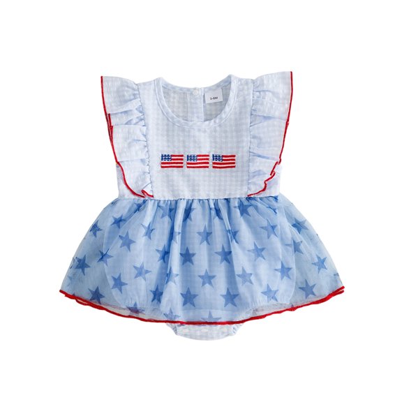 Linfrsh Baby 4th of July Romper Striped Embroidered Sleeveless Bodysuit Casual Infant Overalls for Boys Girls,Light Blue