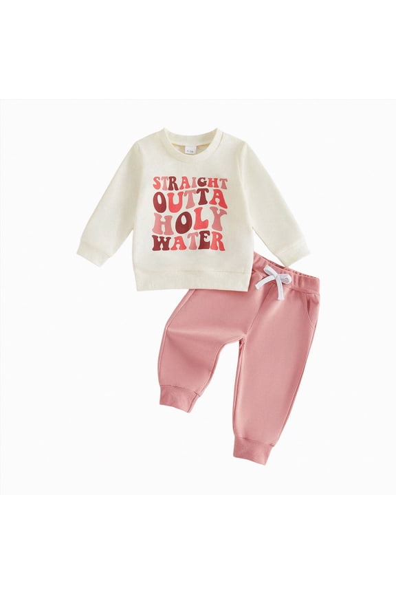 Baby Boy Girl Baptism Outfits Straight Outta Holy Water Sweatshirt Shirt Pants Set Toddler Fall Christening Clothes (Pink,0-6 Months)