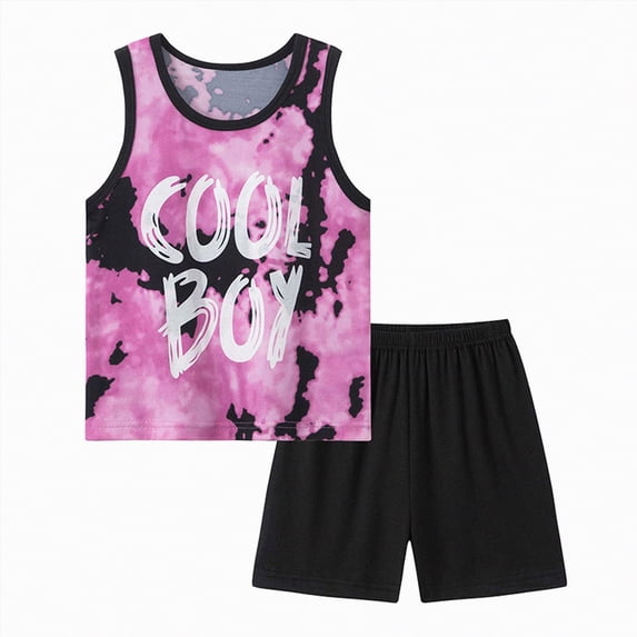 Linfrsh Baby Boy Summer Outfit Boys Athletic Shorts & Sleeveless Shirts, Crew Neck Kids Tank Top Clothes(Pink,4-5 Years)
