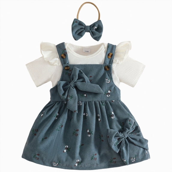 Linfrsh Baby Girls Clothes Set 3 Piece Summer Casual Cute Short Sleeve Rompers and Overalls Shorts(Blue,6-9 Months)