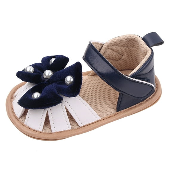 Linfrsh Baby Sandal Toddler Girls PU Leather Soft Sole Open Toe Summer Sandals Kids Flower Princess Flat Shoes(Dark Blue,0-6 Months)