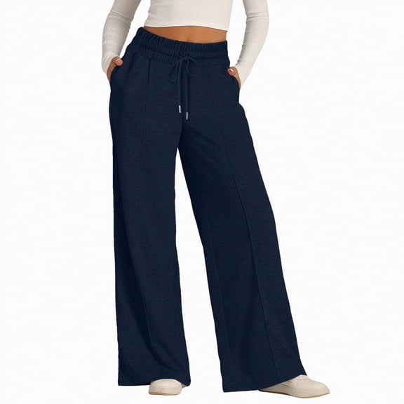 Linfrsh Baggy Sweatpants Women's Wide Leg Sweatpants Fleece Lined Baggy Straight Leg Lounge Pants Fall Outfits Athletic Joggers with Pockets Navy,XL