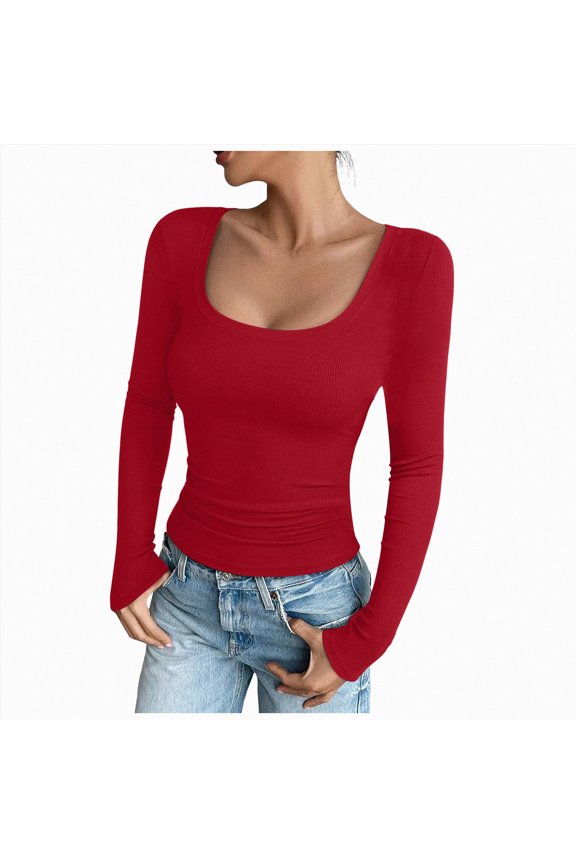 Basic Tops for Woman Womens Long Sleeve Shirts Crew Neck Stretchy Fitted Ribbed Tops Basic Base Layer Soft Thermal Undershirts Tee Red,M