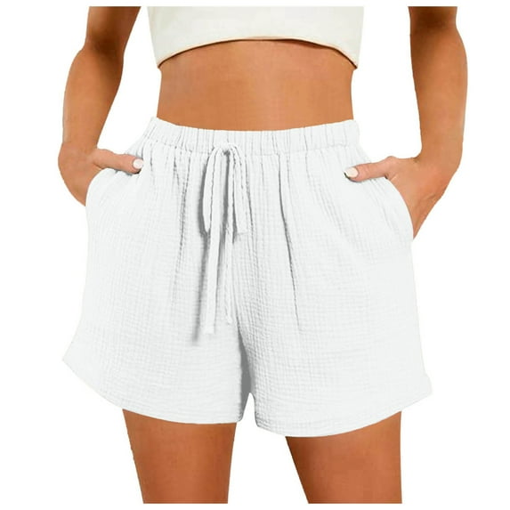 Linfrsh Bermuda Shorts for Women,Women's Elastic Waist Knee Length Summer Casual Cotton Beach Bermuda Shorts with Drawstring White,M