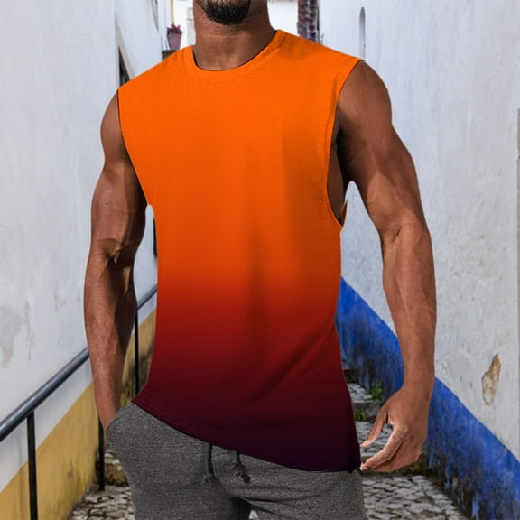 Linfrsh Big and Tall Tank Tops for Men Sleeveless Crewneck Muscle T-Shirt Print Workout Tank Top Orange,S