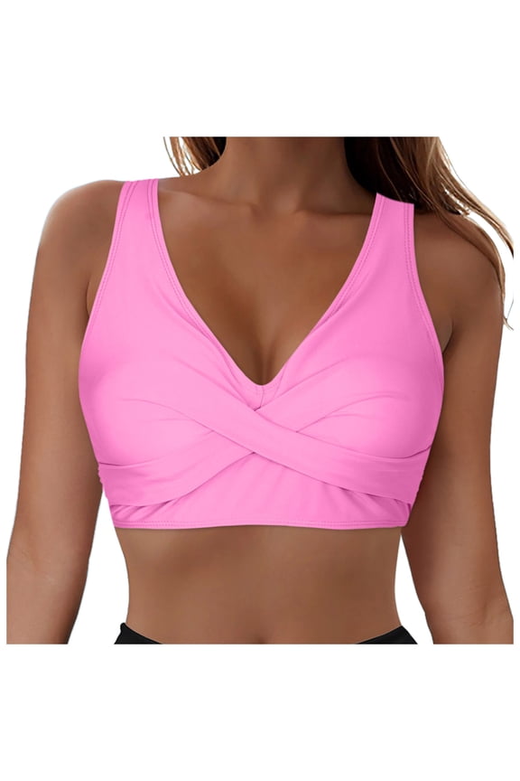 Bikini Tops for Women Twist Front Ruched Bathing Suit Top Adjustable Crisscross Back Cropped Tankini Swim Top Only 01-Pink,M
