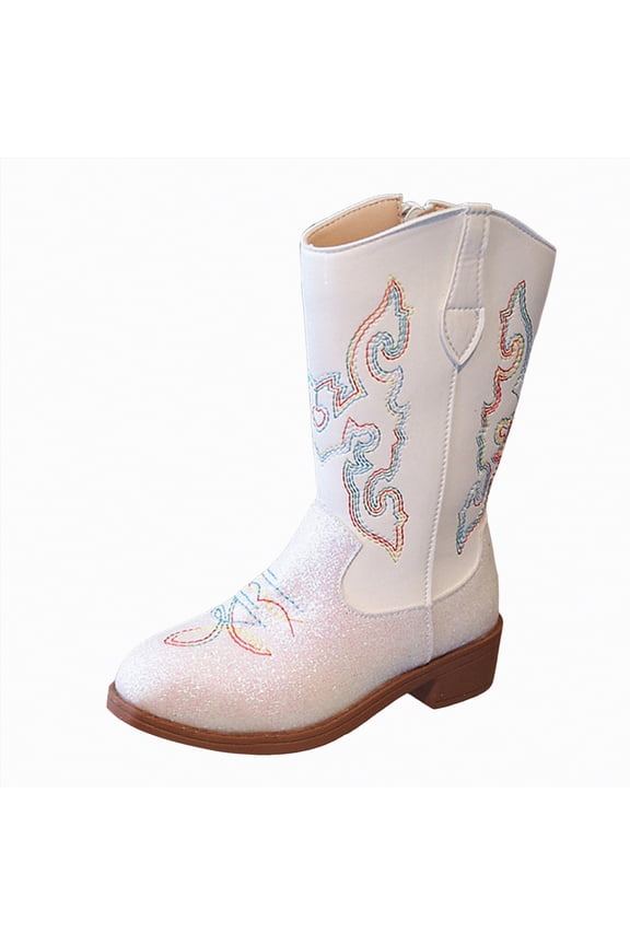 Boots for Girls Kids Western Boots for Boys Girls Embroidered Cowgirl Cowboy Boots Square Toe Mid Calf Riding Shoes Little Kid/Big Kid White,13