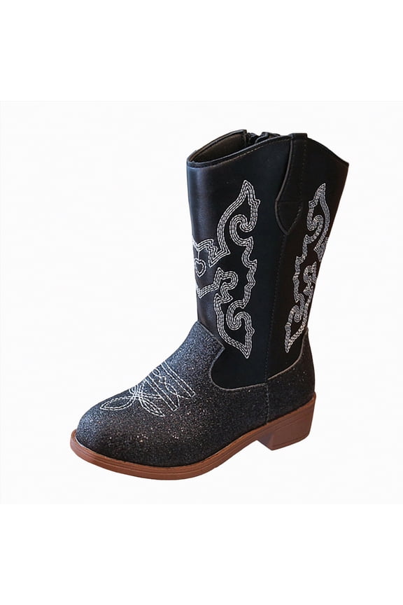 Boots for Girls Kids Cowboy Boots Girls Mid Calf Sparkly Glitter Western Cowgirl Boots Side Zipper (Toddler/Little Kid/Big Kid) Black,2.5