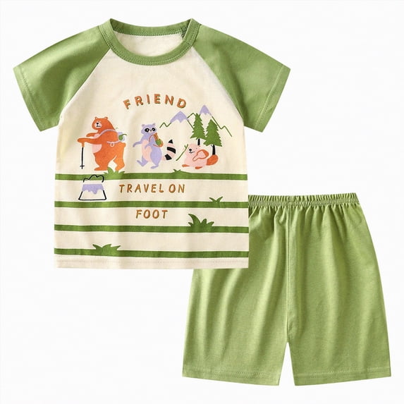 Linfrsh Boys 2 Piece Outfits Short Sleeve Pattern T-Shirt and Shorts Summer Clothes for Kids(Green,5-6 Years)
