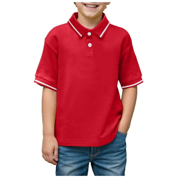 Linfrsh Boys Classic Short Sleeve Polo Shirt Cute Clothes for Girls Summer Solid School Uniform Shirts Casual Button Collared Cotton Clothes(Red,5-6 T)