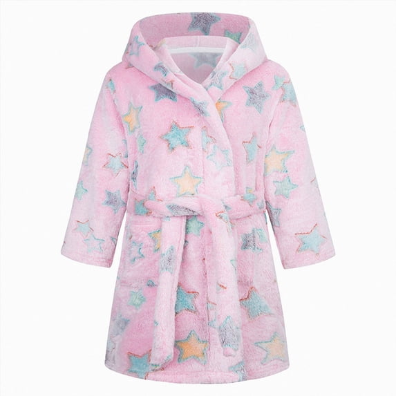 Linfrsh Boys Girls Coral Fleece Bathrobe,Soft Plush Hooded Robe with Adjustable Belt,Cartoon Print,for Toddlers 18 Month -14 Years,Warm Loungewear Shower Robe Kids Pajamas,Size 4-5 Years