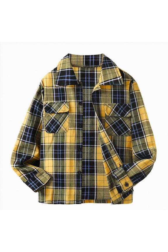 Boys Girls Flannel Plaid Shirts Long Sleeve Spring Buffalo Western Button Down Shirt Vintage Lightweight (Yellow,7-8 Years)