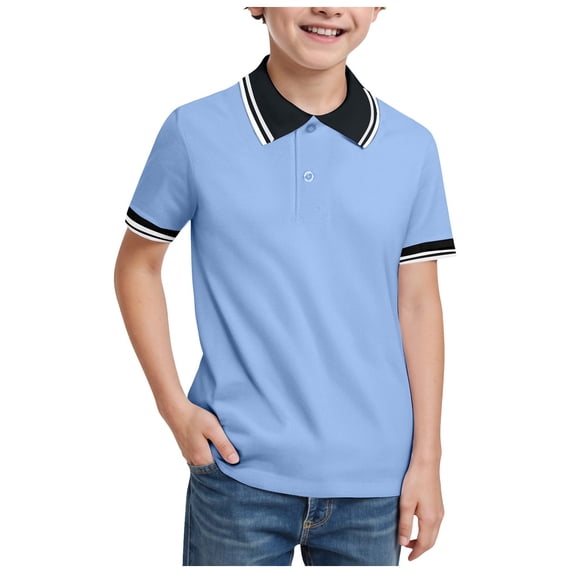 Linfrsh Boys Polo Shirts Short Sleeve Collared School Uniform Shirts for Boys Casual Solid Gentleman Summer Tops Toddler Kids Button Holiday T Shirt(Light Blue,4-5 T)