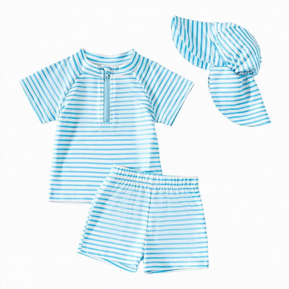 Linfrsh Boys Rash Guard Swim Set Toddler Boy Swimsuit 3 Piece Boys Swim Set Short Sleeve Boys Swim Shirt Boys Swim Trunks Rash Guard Bathing Suits(Sky Blue,2-3 Years)
