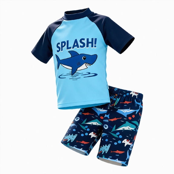 Linfrsh Boys' Rashguard Set - Short Sleeve Swim Shirt and Bathing Suit Set(Blue,5-6 Years)