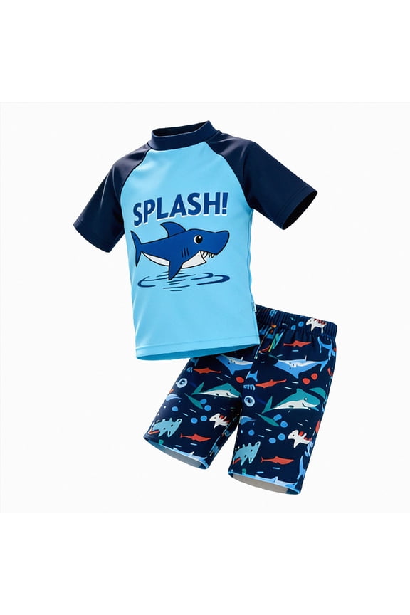 Boys Swim Set Short Sleeve UFP50+ Rash Guard Top and Swim Trunks Outfit Bathing Suits Kids(Blue,8-9Years)