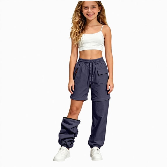 Linfrsh Cargo Pants for Girls Kid Convertible Water-Resistant Zip-Off Outdoor Pants with Drawstring and Pockets (Navy,11-12 Years)