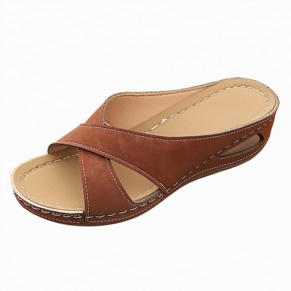 Linfrsh Comfortable Womens Sandals Women's Platform Sandals with Arch Support, Chunky Lightweight Foam Slip on Slides, Comfortable Summer Beach Sandals with Adjustable Buckle(Brown,Size9)