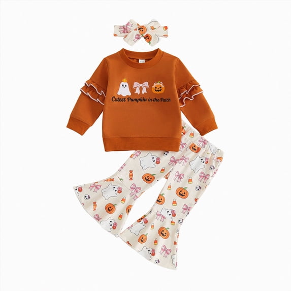 Linfrsh Fall Outfits for Toddler Girls Halloween Toddler Baby Girl Outfit Fall Clothes Ruffle Long Sleeve Sweatshirt Pullover Tops and Elastic Waist Bell Bottom Pants Set
