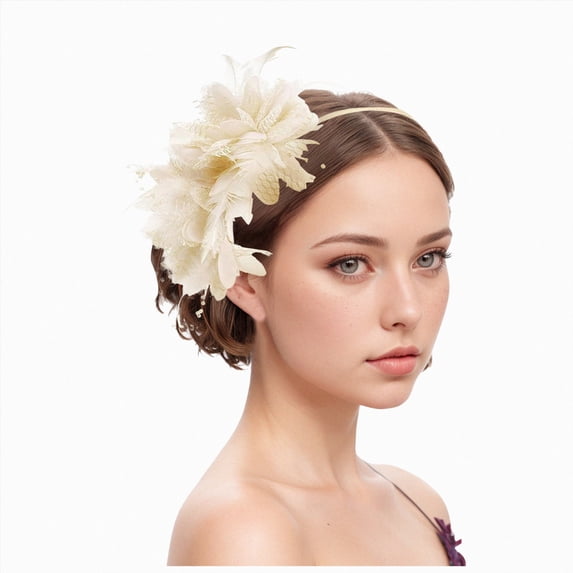 Linfrsh Fascinators Hat with Feather Flower Tea Party Headwear for Girls and Women for Wedding Party Races Beige,One Size