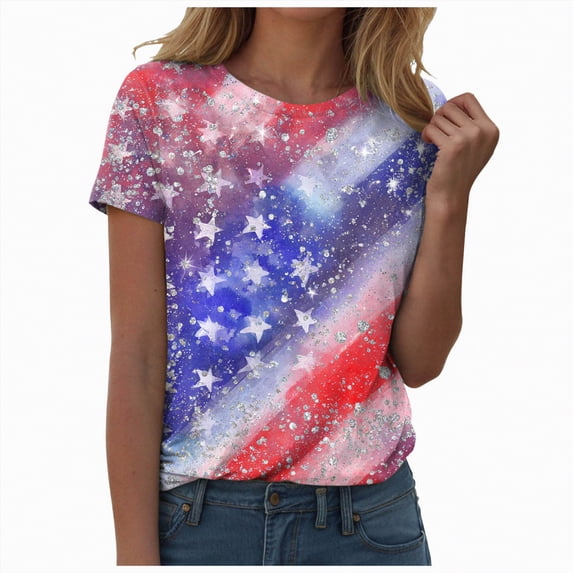 Linfrsh Flag Shirts for Women Women's T-Shirts V-Neck Dragonfly Tee Cute Summer Graphic Shirts Vintage Boho Flowers Short Sleeve T Shirt(Blue,M)