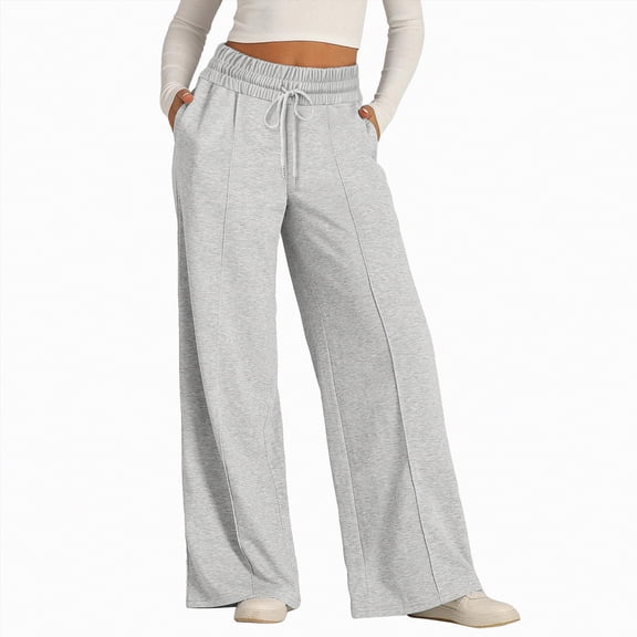 Linfrsh Fleece Sweatpants Women Sweatpants for Women with Pockets, Wide Leg Baggy Sweatpants High-Waisted Drawstring Joggers Pants Lounge Trousers Grey,S