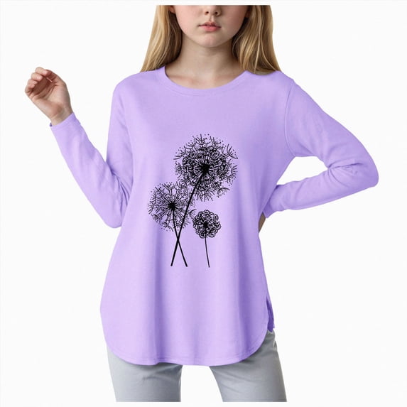 Linfrsh Gils Dandelion Sweatshirt Floral Graphic Shirt Toddler Girls Casual Crewneck Tee Loose Long Sleeve Pullover Tops(Purple,11-12 Years)