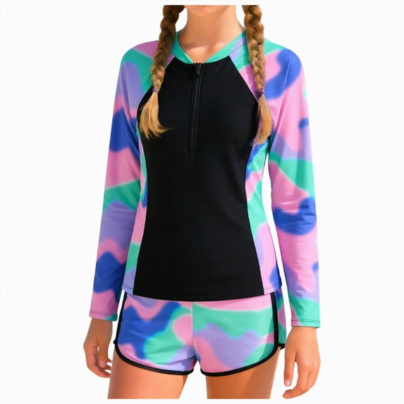 Linfrsh Girl Bathing Suit Girls Rash Guard Swimsuit Half-Zip Long Sleeve Modest Bathing Suit with Chest Padding 2Pcs Teen Girl Swimwear UPF 50+(Light Purple,9-10 Years)