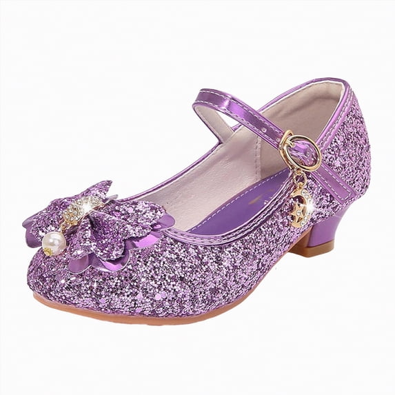 Linfrsh Girl Shoes Girls Dress Pumps Glitter Sequins Princess Crystal High Heels Closed Toe for Back to School Bash Party Wedding Flower Girls Shoes(Purple,Size0.99)