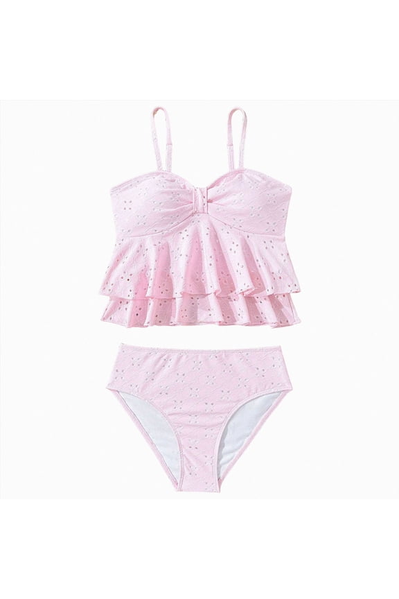 Girl Swimsuit Size 10-12 Girl's 2 Piece Tankini Swimsuit Ruffle Flounce Bathing Suit Eyelet Embroidery Swimwear(Pink,9-10 Years)