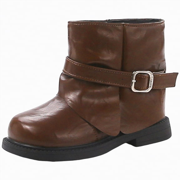 Linfrsh Girl Winter Boots Girls Boys Combat Hiking Snow Boots Waterproof Non-Slip Fashion Work Ankle Boots with Lace Up Side Zipper for Little Big Kids Brown,13.5