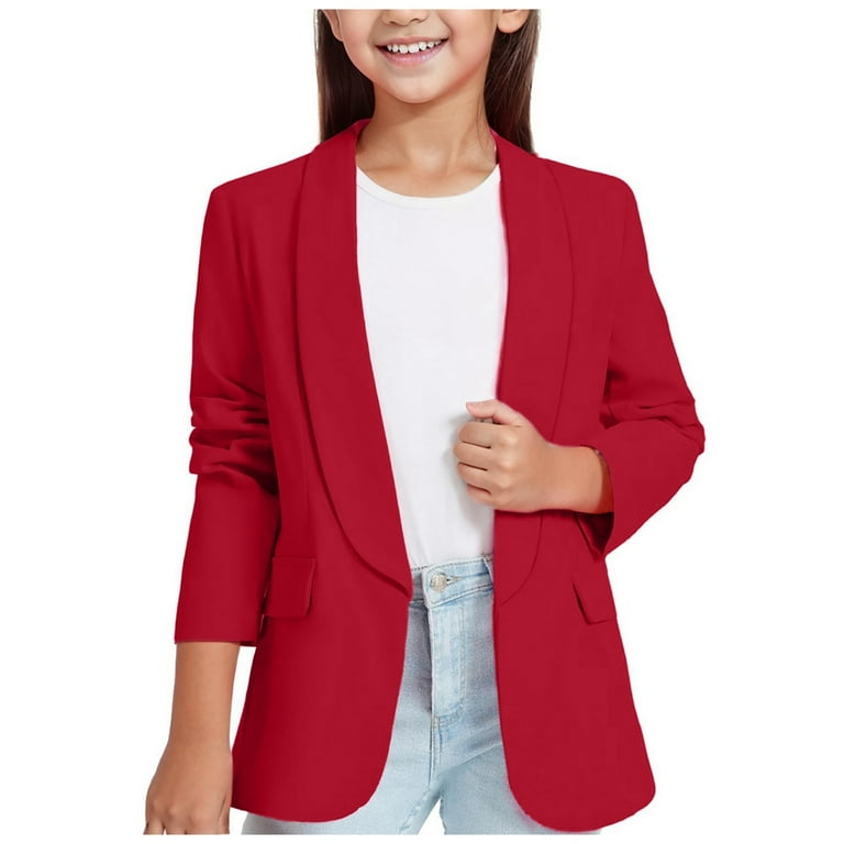 Linfrsh Girls Blazer Jacket Solid Color Lapel Suit Open Front Long Sleeve Blazers for Kids Girls Red 9 10 Years Walmart