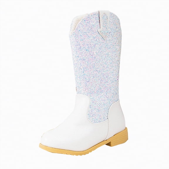 Linfrsh Girls' Boots Toddler Girls Cowgirl Boots Little Kids Mid Calf Western Cowboy Pointed Toe Riding Shoes Tassels Glitter White,13