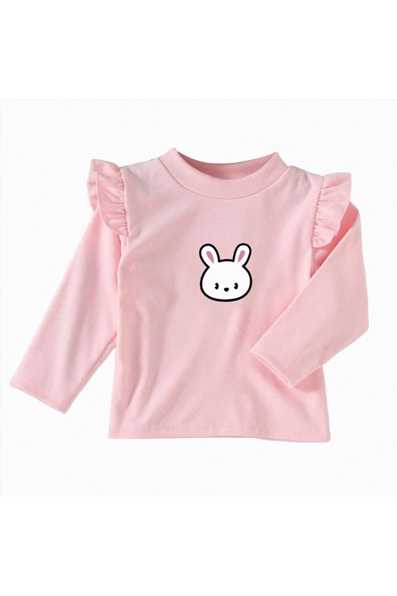 Girls Cotton Long Sleeve T-Shirt Toddler Comfort Soft Thick Basic Crewneck Tee Tops with Ruffles Trim,E,12-18 Months
