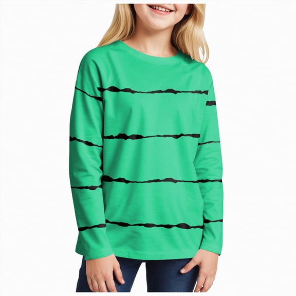 Linfrsh Girls Cotton Shirts Girls Shirts Casual Long Sleeve Crewneck Loose Striped Sweatshirts Pullover Tops Light Green,14-15 Years