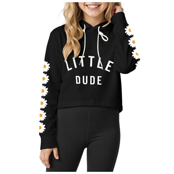 Linfrsh Girls Crop Tops Kids Hoodies Letter Print Striped Shirts Long Sleeve Cropped Casual Pullover Fashion Sweatshirts Black,3-4 Y