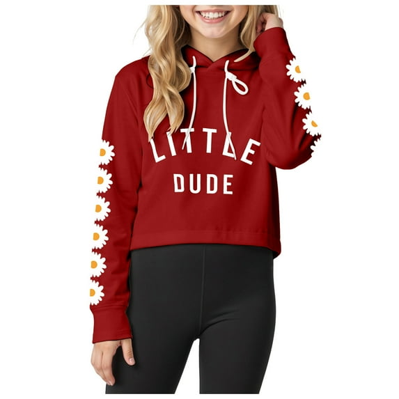 Linfrsh Girls Crop Tops Kids Hoodies Letter Print Striped Shirts Long Sleeve Cropped Casual Pullover Fashion Sweatshirts Red,12-13 Y